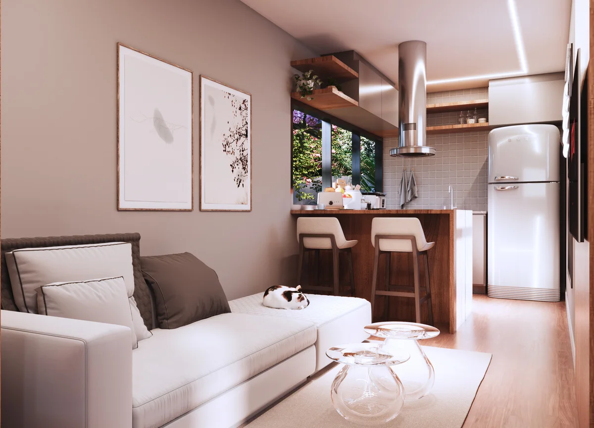 Interior de casa modular com sala integrada e cozinha planejada